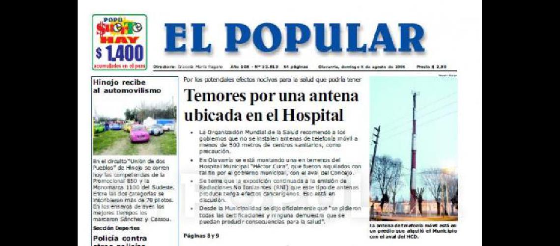 FacsÃ­mil del diario del 6 de agosto de 2006 en el que se denunciÃ³ pÃºblicamente por primera vez la instalaciÃ³n de la antena.