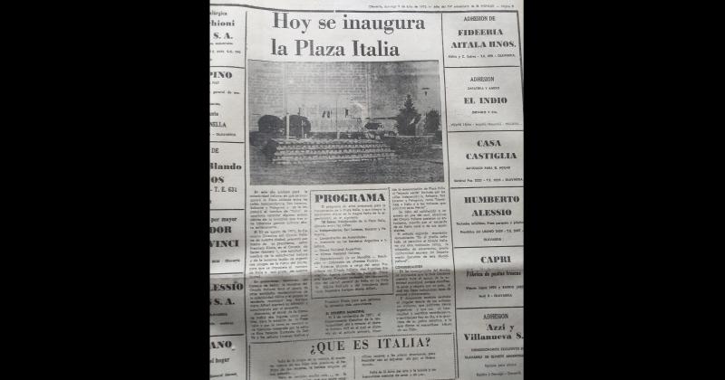 Recorte del diario El Popular durante la inauguración de la Plaza Italia, el 19 de julio de 9172.
