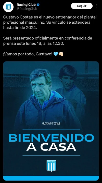 Racing anuncia a Gustavo Costas como nuevo entrenador en su tercer ciclo
