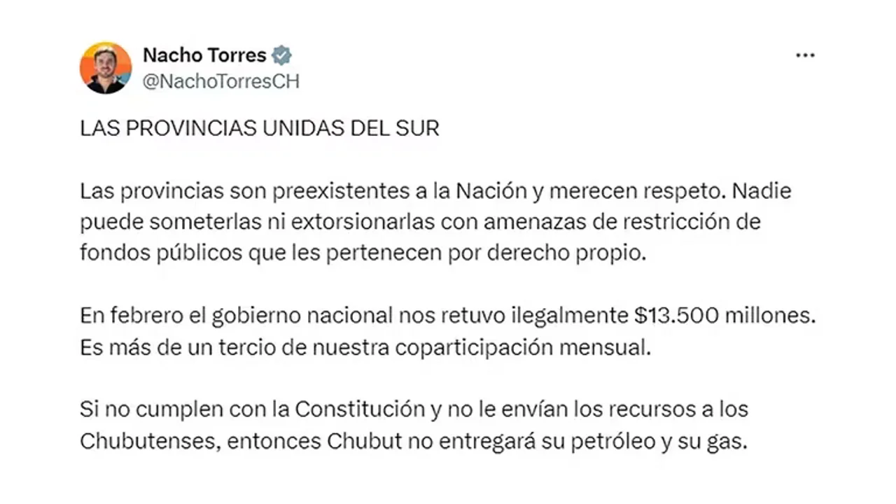 Chubut advierte al Gobierno Nacional con suspender exportación de petróleo y gas ante falta de fondos de coparticipación