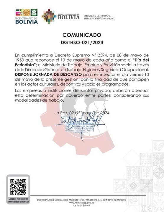 Comunicado del Ministerio de Trabajo y Previsión Social.