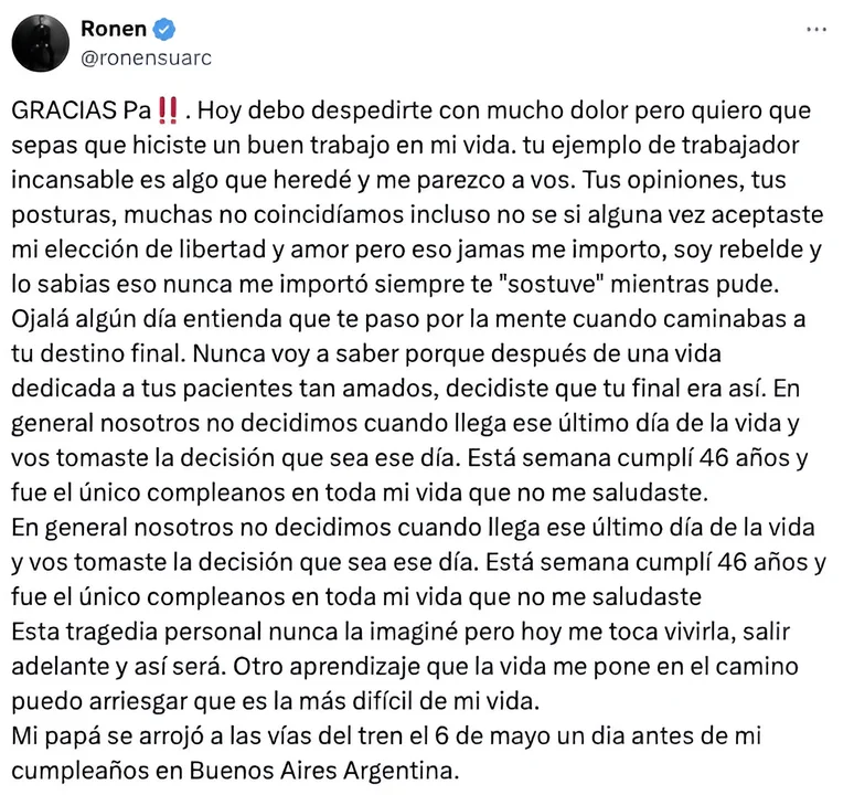 Triste noticia para Ronen Suarc: el doloroso adiós a su padre