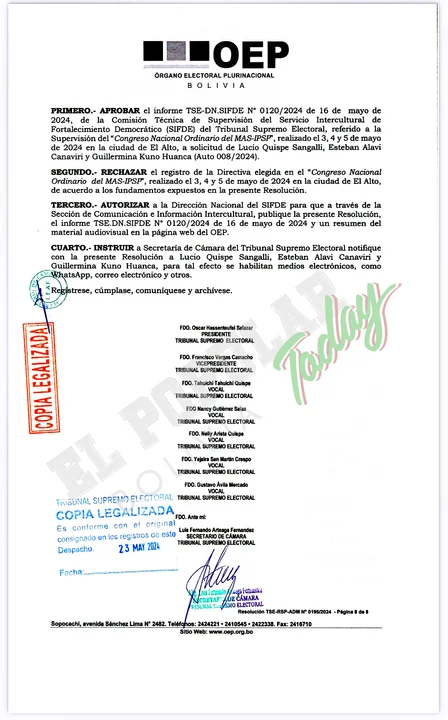 Tribunal Supremo Electoral rechaza, la directiva electa en el congreso del MAS-IPSP.