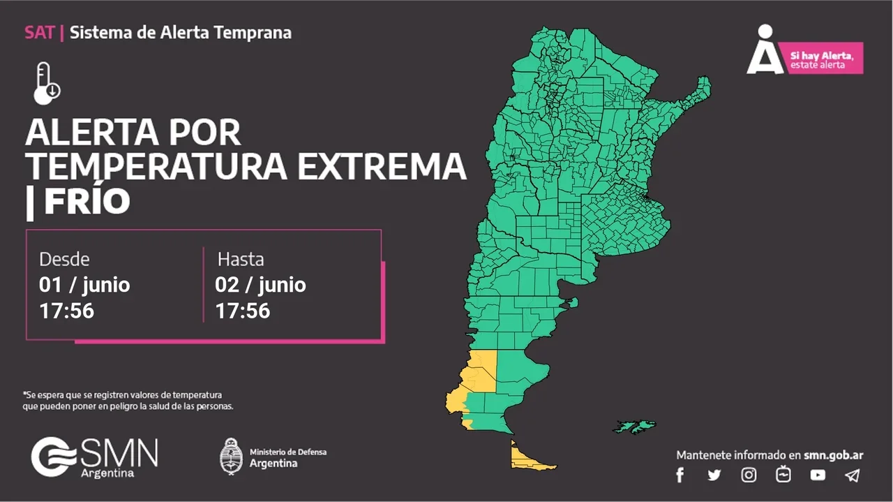 Alerta amarilla por frío extremo en la cordillera de Santa Cruz y Tierra del Fuego
