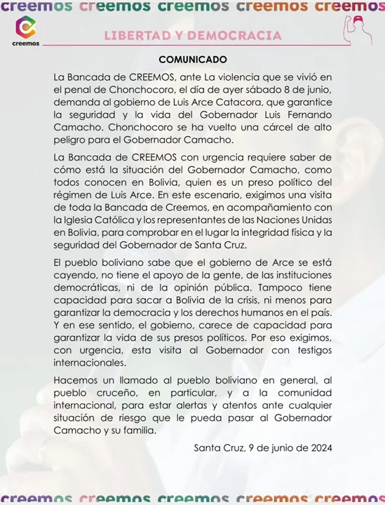 Creemos pide visitar a Camacho acompañado de la Iglesia y las NNUU para constatar la situación del Gobernador tras la violencia en Chonchocoro.