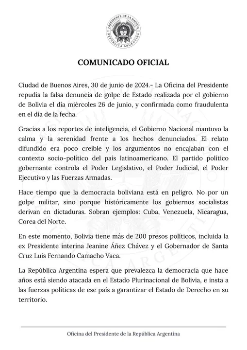 El presidente Javier Milei cree que existió "autogolpe" en Bolivia