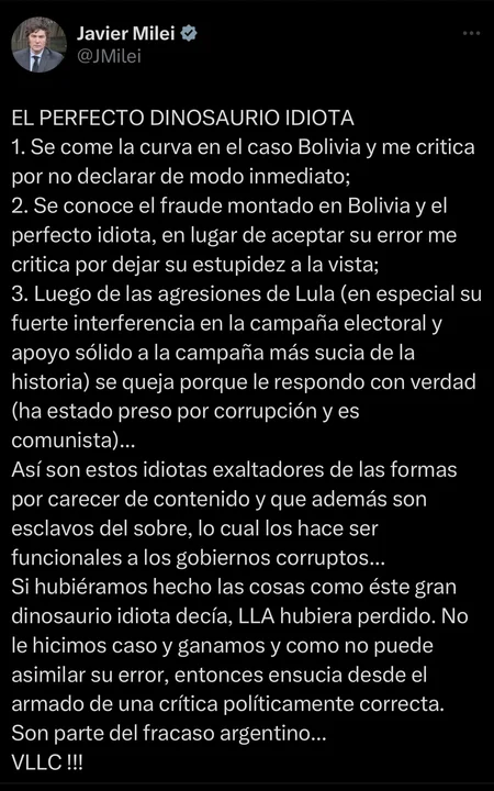 Javier Milei asegura que en Bolivia existió un "fraude montado"