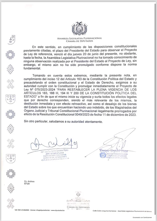 Comunidad Ciudadana exige al Vicepresidente del Estado promulgar el PL “antiprórroga” 
