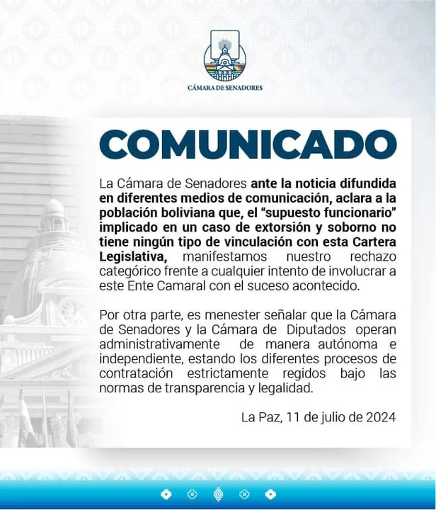 Caso extorsión: Cámara de senadores se desvincula con el hecho “operan administrativamente de manera autónoma".
