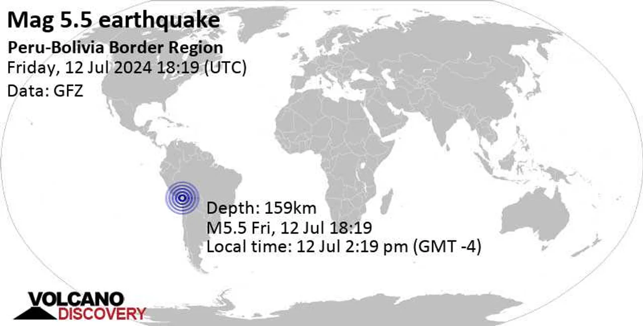 Fuerte sismo magnitud 5.5 - 139 km al suroeste de Viacha, La Paz, Bolivia, viernes 12 jul 2024 a las 14:19 (Hora La Paz)