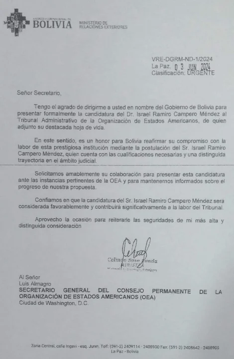 Gobierno nacional postula al vocal Israel Campero para que represente a Bolivia en el tribunal ante la OEA