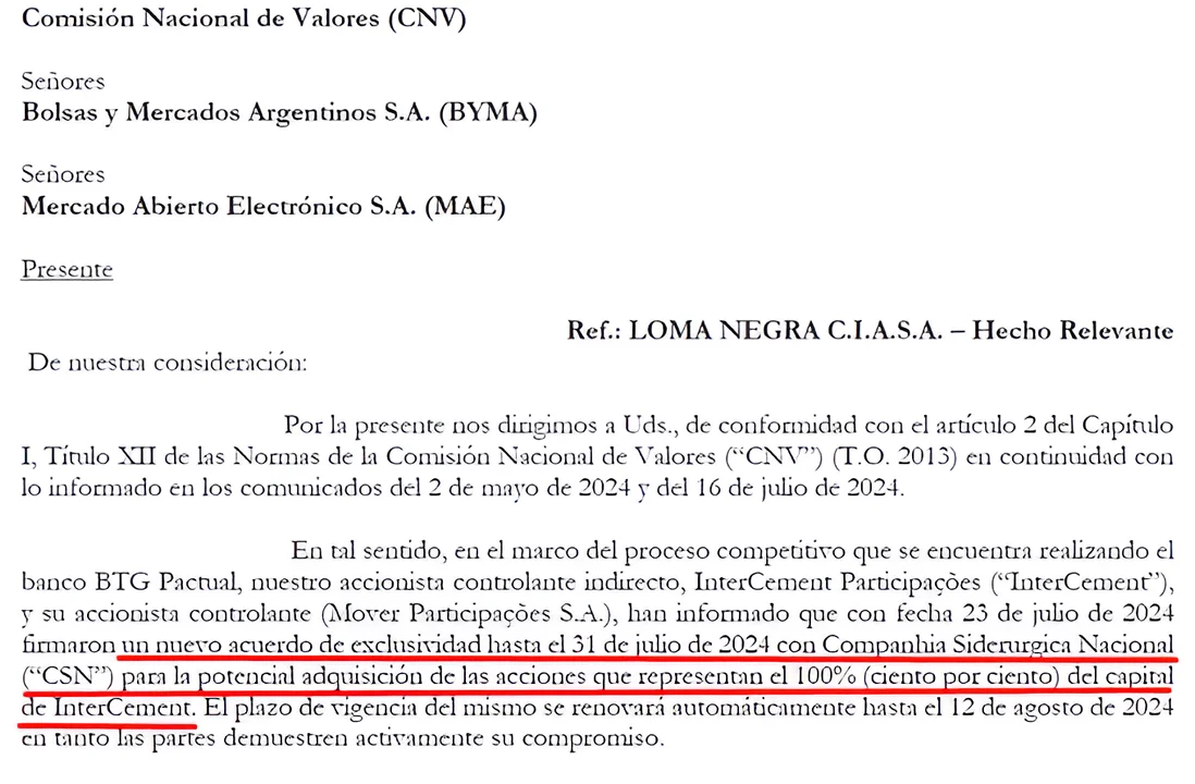 Loma Negra reanuda las negociaciones con Companhia Siderurgica Nacional