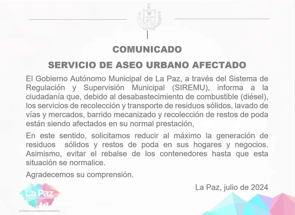 Aseo urbano no recogerá residuos por falta de diésel.