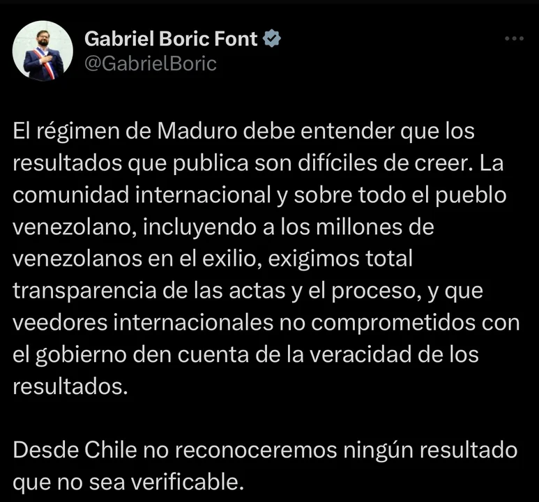 Chile no reconocera “ningún resultado que no sea verificable.