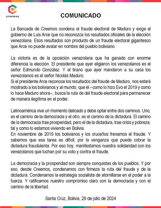 Comunicado Creemos