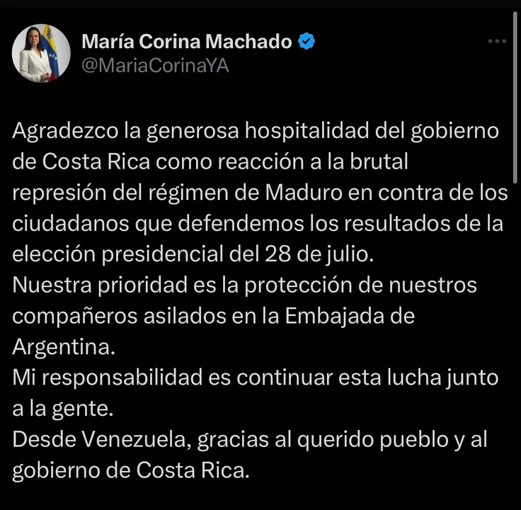 María Corina Machado agradece al Gobierno de Costa Rica por ofrecer asilo político