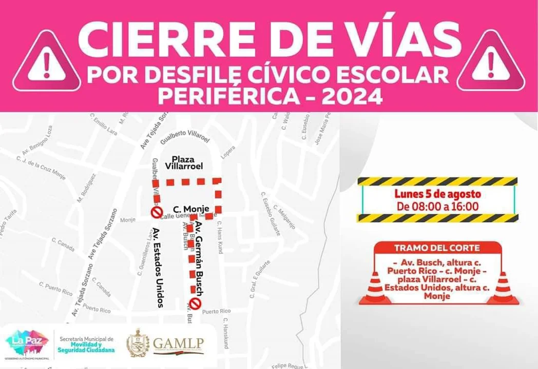 Este lunes inicia los desfiles escolares por el 6 de agosto: Cierre de vías desde hrs 08:00.