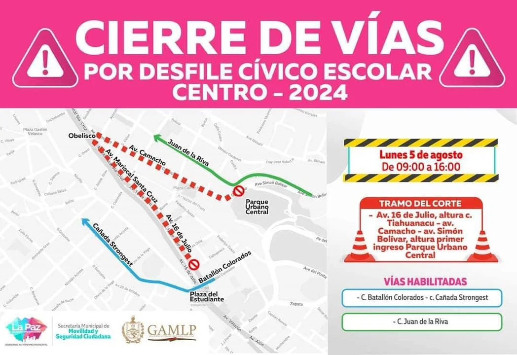 Este lunes inicia los desfiles escolares por el 6 de agosto: Cierre de vías desde hrs 08:00.