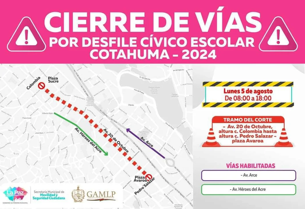 Este lunes inicia los desfiles escolares por el 6 de agosto: Cierre de vías desde hrs 08:00.