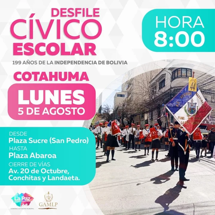 Este lunes inicia los desfiles escolares por el 6 de agosto: Cierre de vías desde hrs 08:00.