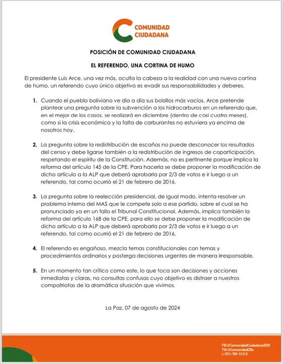 Posición de Comunidad Ciudadana: “El referendo una cortina de humo”