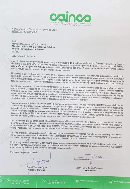 Carta CAINCO dirigida al Ministro de Economía.
