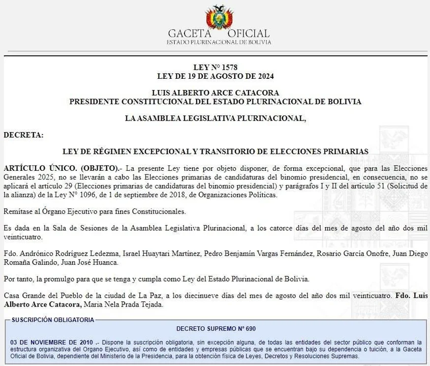 Presidente Luis Arce promulga Ley de Régimen Excepcional y Transitorio de Elecciones Primarias