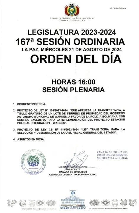 Convocatoria por parte del presidente de diputados, Israel Huytari.