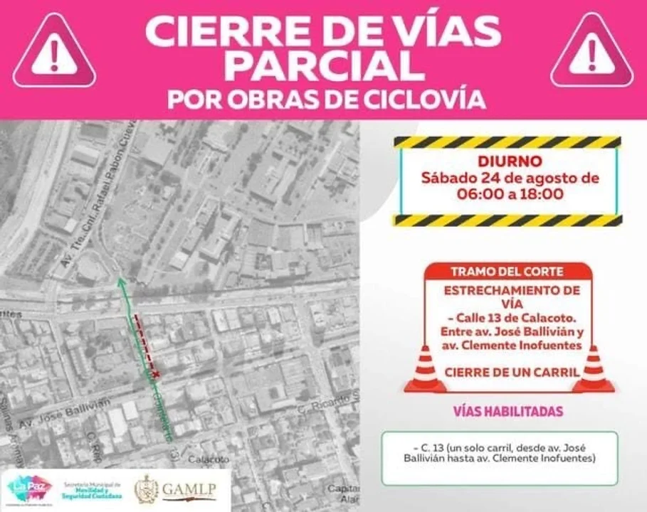 Cierre temporal de vías en Calacoto este sábado 24 de agosto