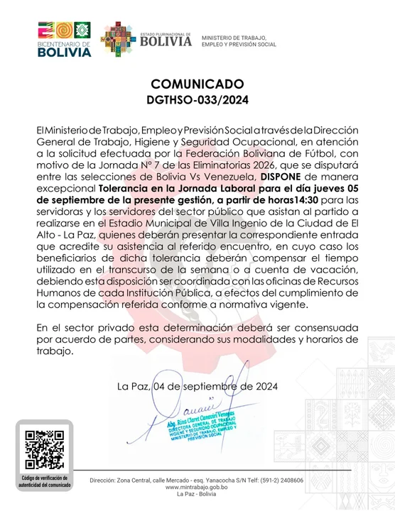 Ministerio de Trabajo dispone tolerancia laboral para asistir al partido de Bolivia vs. Venezuela
