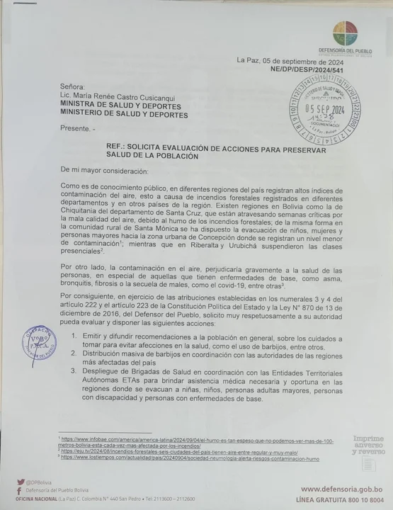 Defensoría del Pueblo insta a evaluar medidas de salud ante contaminación por incendios