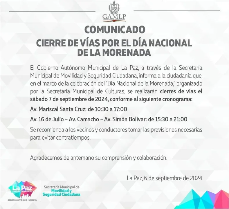 Comunicado: Cierre de vías por el día Nacional de la Morenada