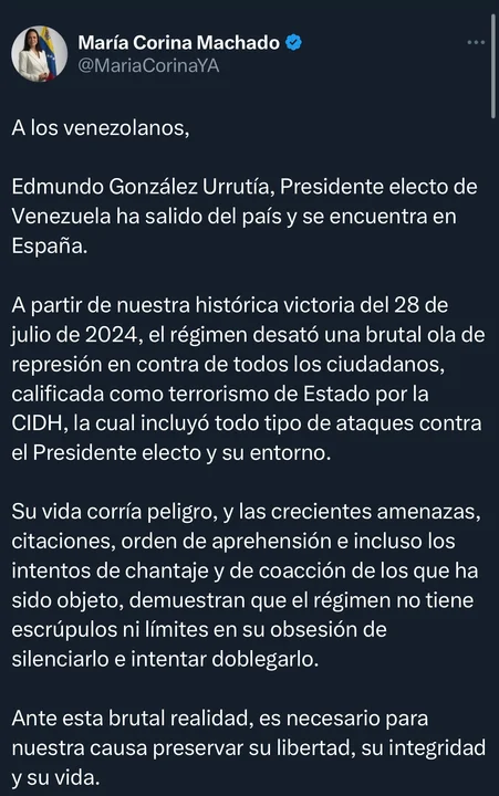 María Corina Machado confirma asilo de Edmundo González en España