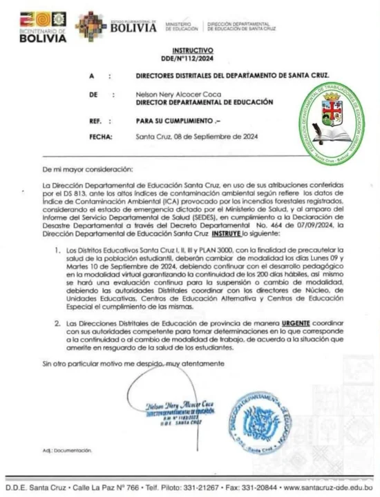 Salud recomendó suspensión de clases presenciales en Santa Cruz, Beni y Pando: La Dirección Departamental de Educación instruye el cambio de modalidad.