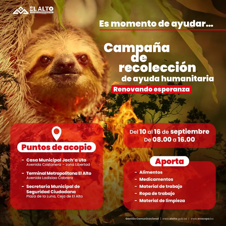 Centros de acopio en La Paz, El Alto y Santa Cruz para ayuda humanitaria por los incendios forestales