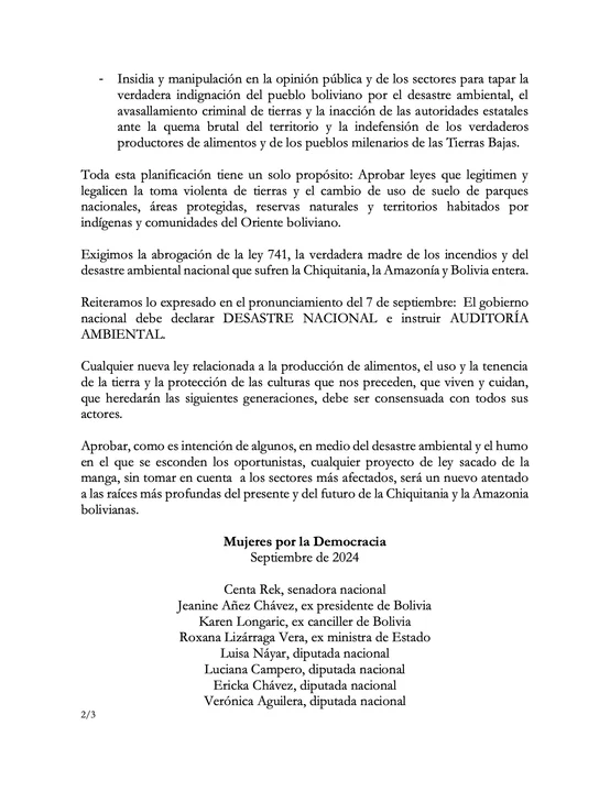 Colectivo "Mujeres por la Democracia" exige la abrogación de la Ley 741, "la madre de los incendios".