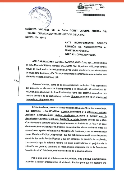 Exdiputado Amílcar Barral solicita proceso penal contra Evo Morales y sus dirigentes