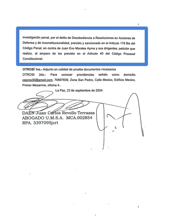 Exdiputado Amílcar Barral solicita proceso penal contra Evo Morales y sus dirigentes