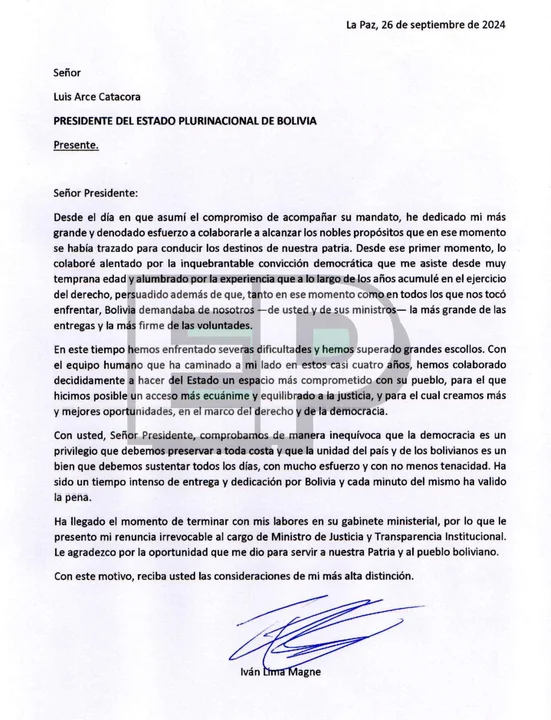 Carta de Iván Lima a Luis Arce 