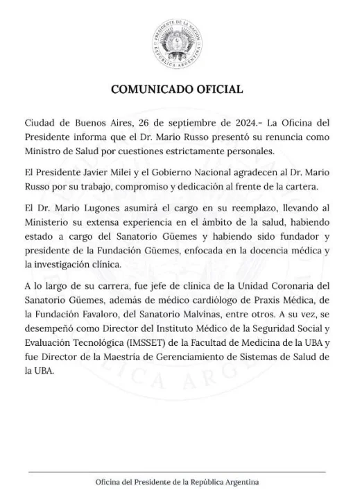 Secretario de Salud Russo presentó la renuncia y lo reemplazará Mario Lugones .