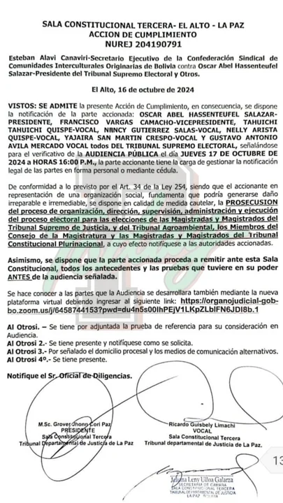 Sala Constitucional de El Alto ordena al TSE continuar con la organización de las elecciones judiciales