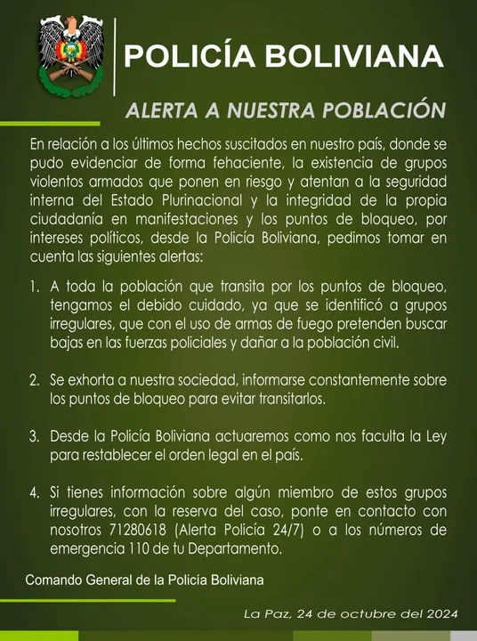 La Policía Boliviana alerta sobre grupos armados en puntos de bloqueo