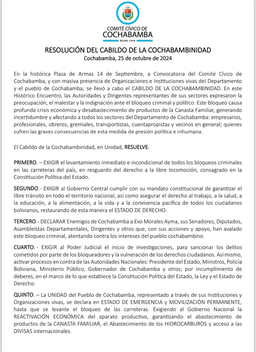 Resolución del Cabildo en Cochabamba solicita el fin de los bloqueos