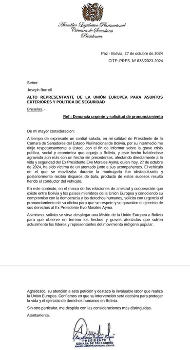 Presidente del Senado solicita medidas internacionales de protección para Evo Morales