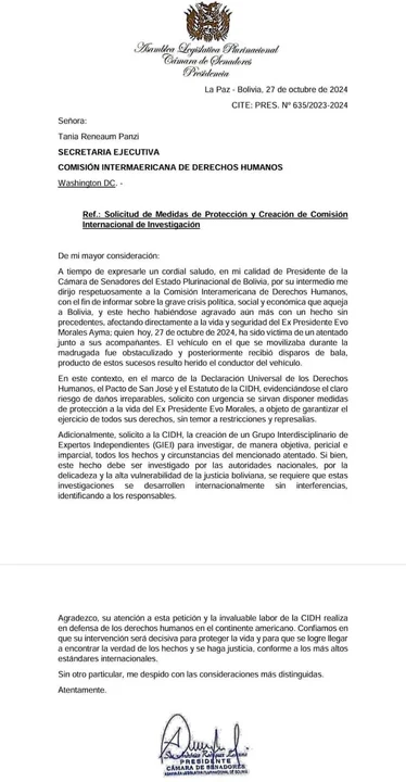 Presidente del Senado solicita medidas internacionales de protección para Evo Morales
