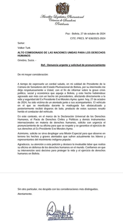 Presidente del Senado solicita medidas internacionales de protección para Evo Morales