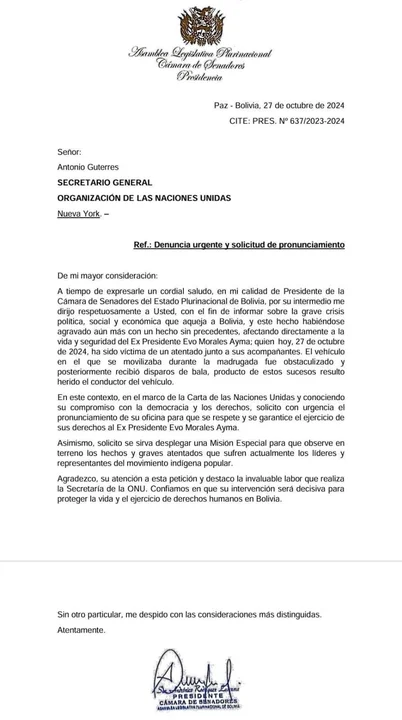 Presidente del Senado solicita medidas internacionales de protección para Evo Morales