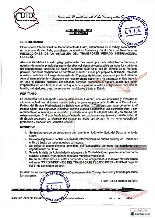 Transporte Internacional de Oruro se declara en emergencia y advierte con paro indefinido