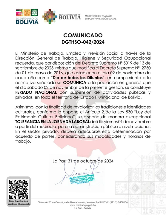 Ministerio de Trabajo declara feriado nacional el 2 de noviembre y anuncia tolerancia laboral para este viernes