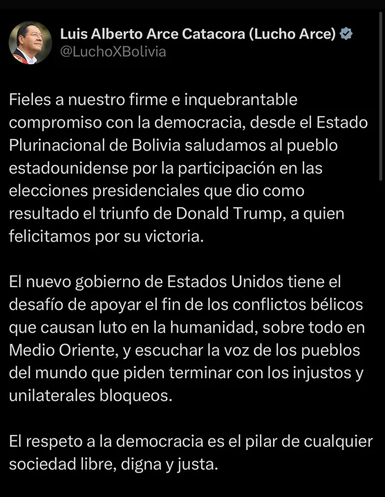 Presidente Luis Arce felicita a Donald Trump por su triunfo en las elecciones de Estados Unidos